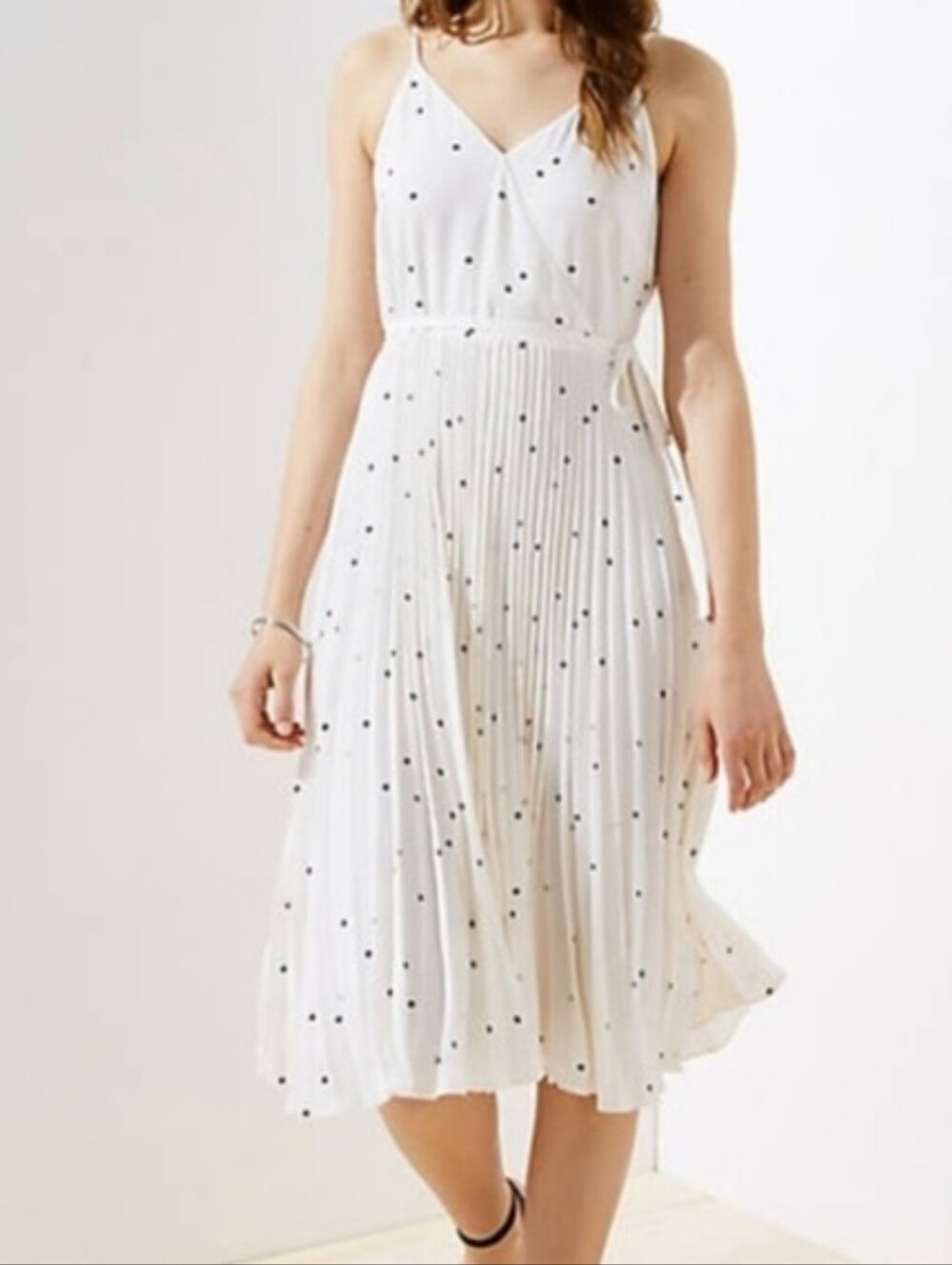 LOFT White Midi Skirt with Black Polka Dots